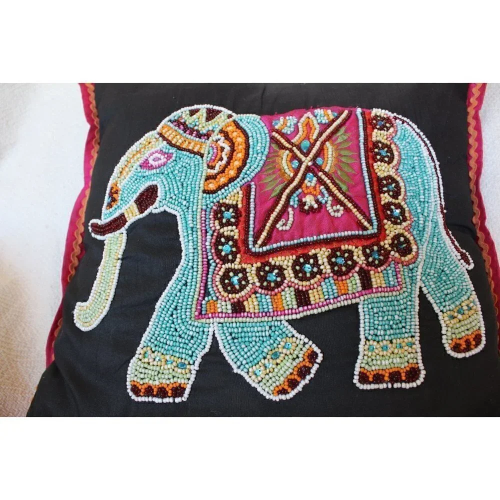 Atira Designs elephant handmade beaded pillow colorful animal safari made India